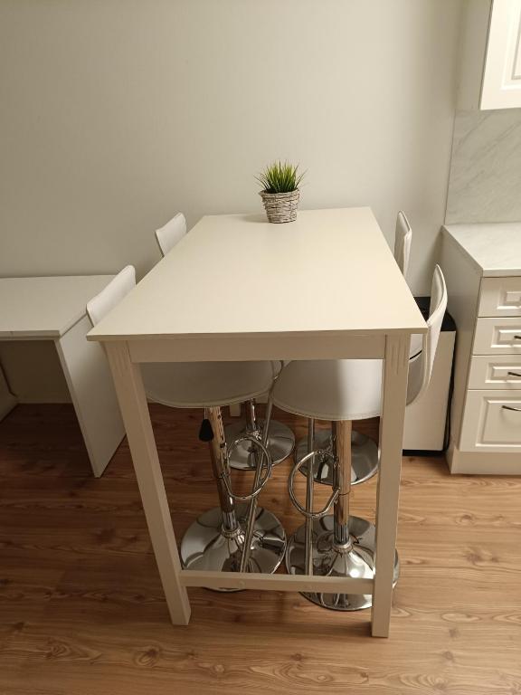 Valkoinen keittiön pöytä, jossa on kaksi kromijalkaista baarijakkaraa ja pieni viherkasvi pöydällä, valoisassa huoneessa.